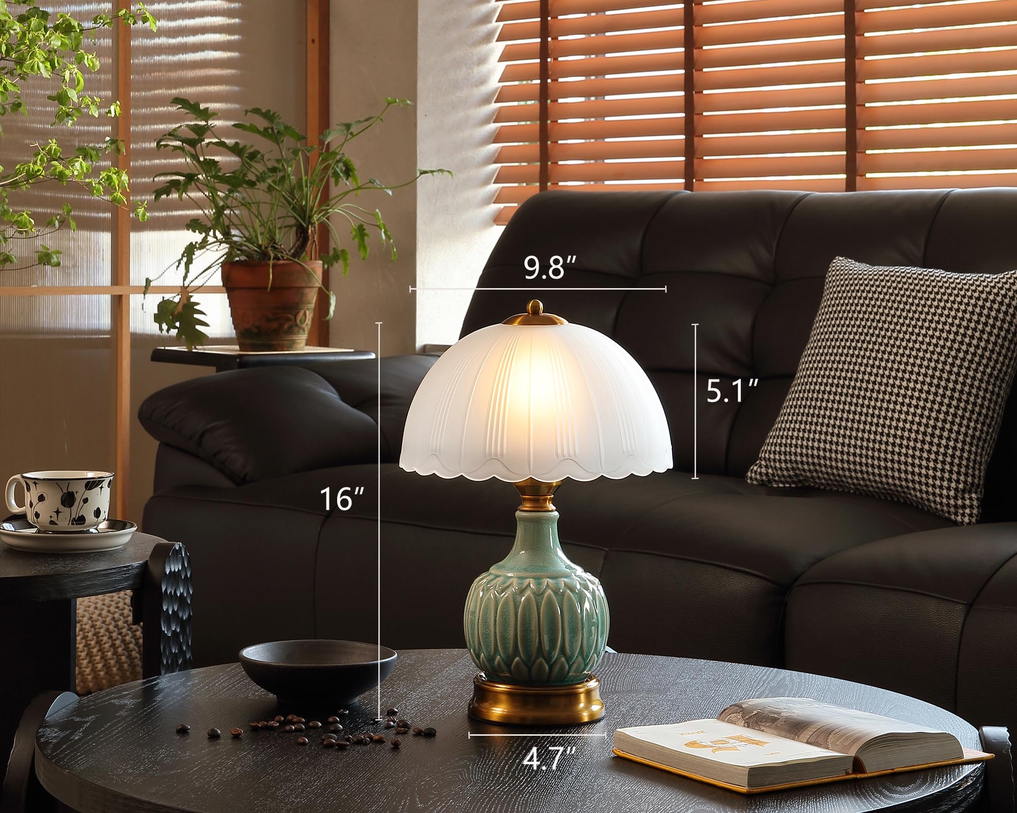 Glivpny Vintage Lamp for Living Room,16" Modern Ceramic Table Lamps for Bedroom,Retro Bedside Nightstand Traditional Lamps, Classic Chinoiserie Green Lamp for Home Decor (LD001)