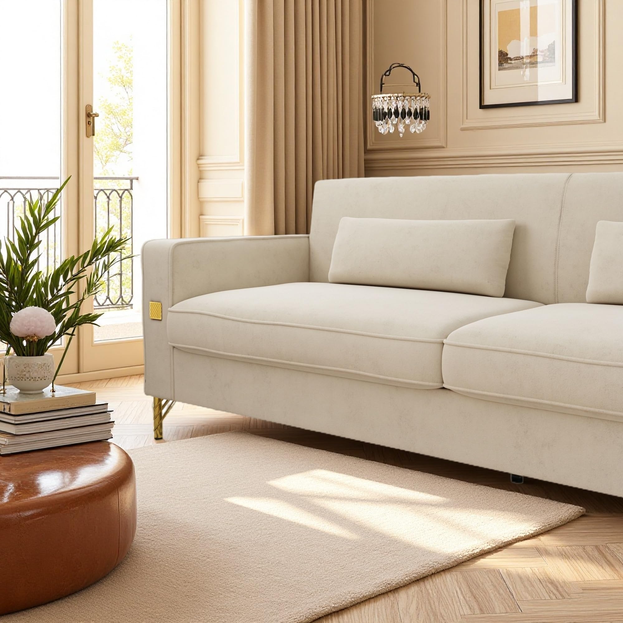 KEIKI 86" Oversized Luxury Velvet Sofa with Armrest and Removable Plush Cushions, Modern Style Gold Accents 3-Seater Couch with Solid Legs, Easy Assembly, for Living Room, Apartment, Green