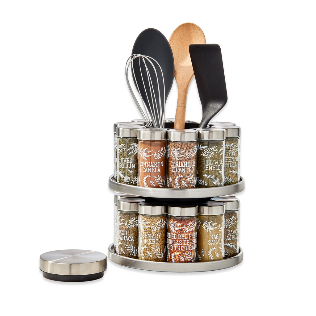 Kamenstein 20 Jar Revolving Countertop Spice Rack with Spices Included, FREE Spice Refills for 5 Years, Polished Stainless Steel with Black Caps, 30020
