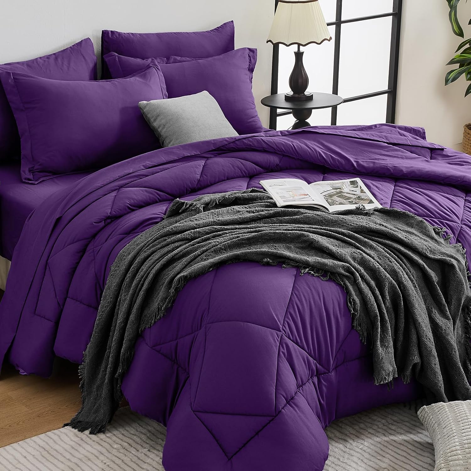 HEVUMYI 7 Pieces Queen Comforter Set, All Season Reversible Bed in a Bag, Ultra Soft Queen Bedding Set with Grey Comforter, Flat Sheet, Fitted Sheet, Pillowcases, Pillow Shams, Dark Grey