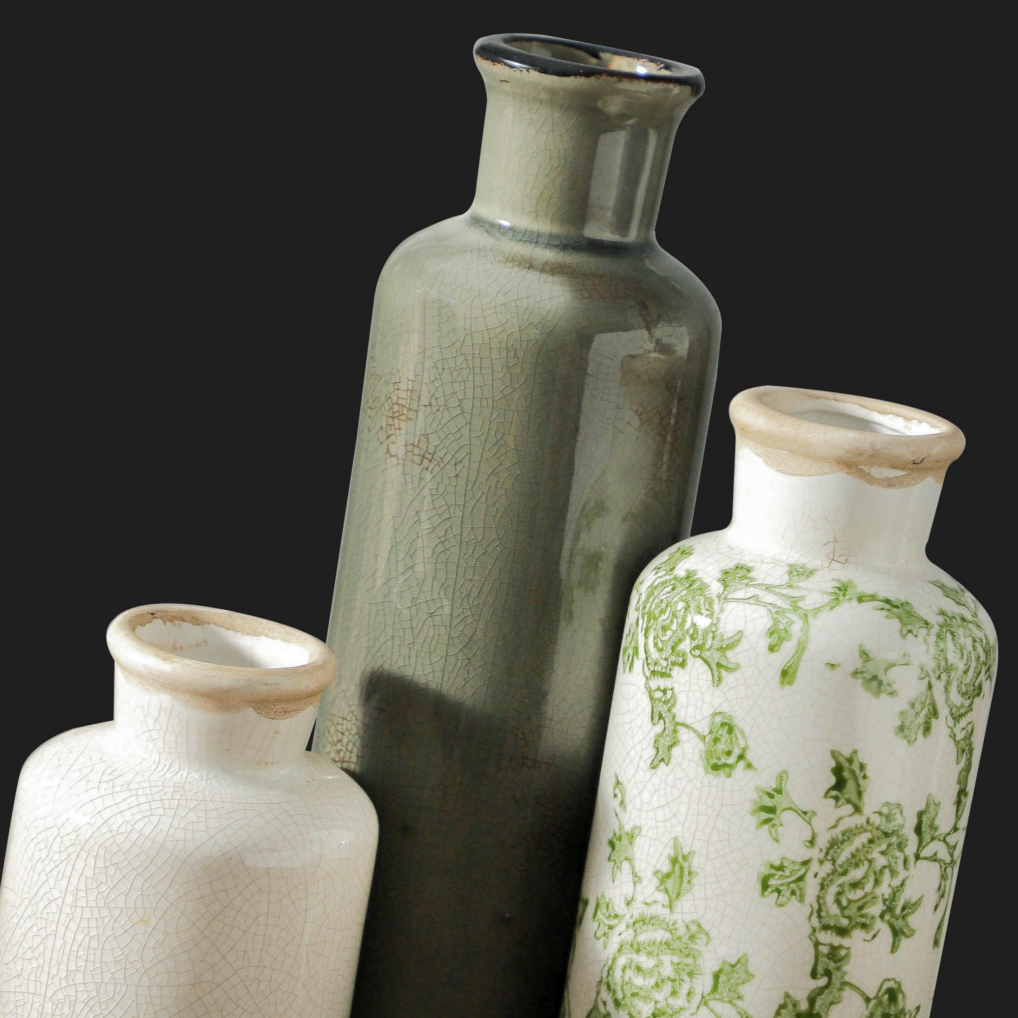 Vintage Vase Set of 3, Ceramic Vintage Flower Vases, Chinoiserie Decorative Home Decor Retro Floral Vase Rustic Farmhouse Decor for Table Bookshelf Mantel Kitchen Living Room Office - Green and Beige