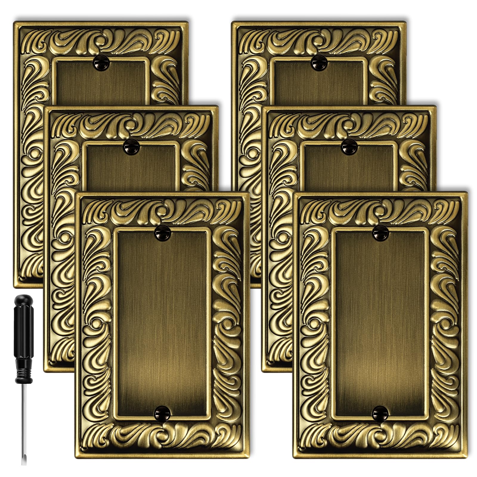 Antique Brass Duplex Outlet Cover Paisley Pattern Decorative Wall Plates for Electrical Outlet, Metal Switch Plates and Receptacle Cover for Kitchen Bathroom (1 Gang Duplex Outlet-6 Pack)