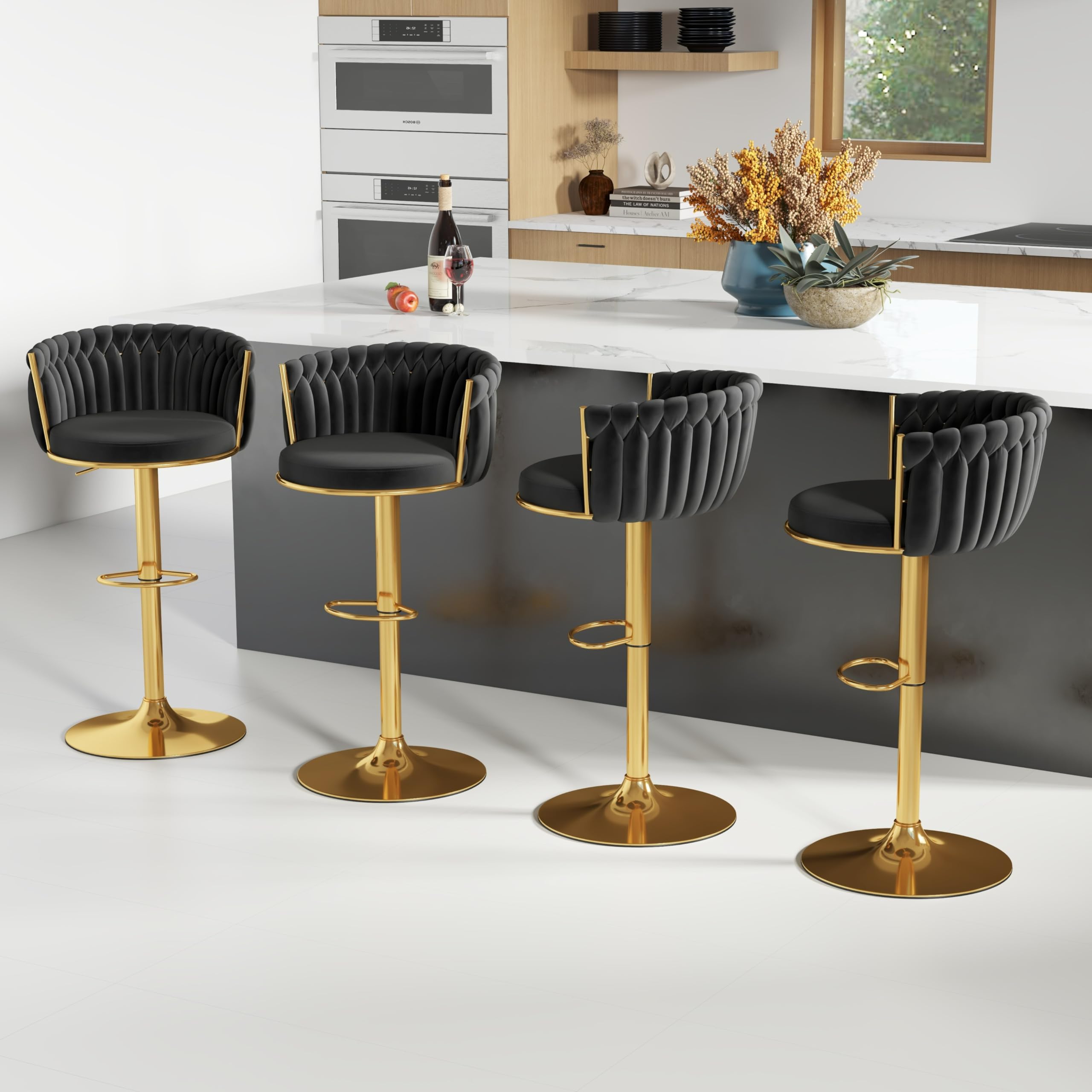 ABET Gold Bar Stool Set of 2, Velvet Swivel Barstools, Height Adjustable Counter Stools with Woven Back, Upholstered Modern Luxury Kitchen Stools with Footrest for Cafe, Pub, Black