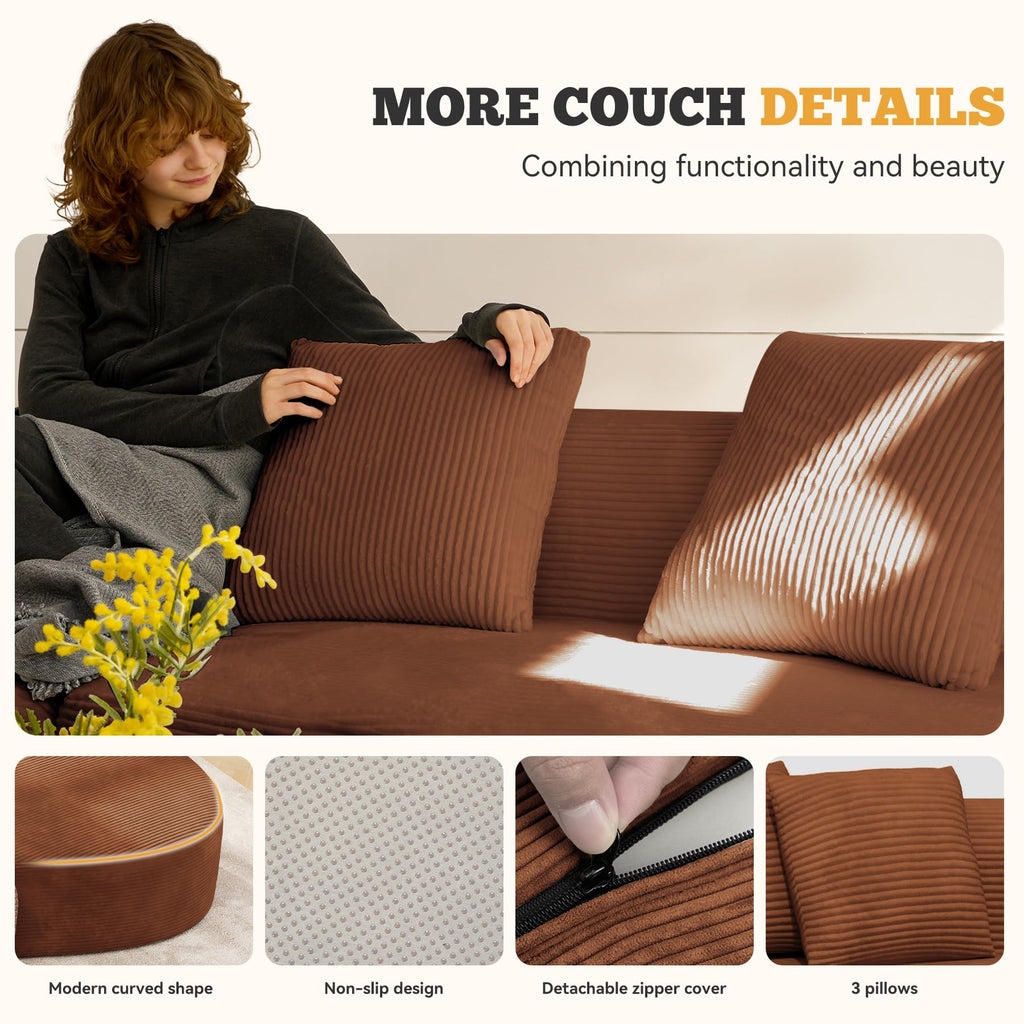 126" Curved Modular Sectional Sofa, Modern Boneless Couches for Living Room,No Assembly Required Cloud Couch,Brown Corduroy Fabric,1 PCS