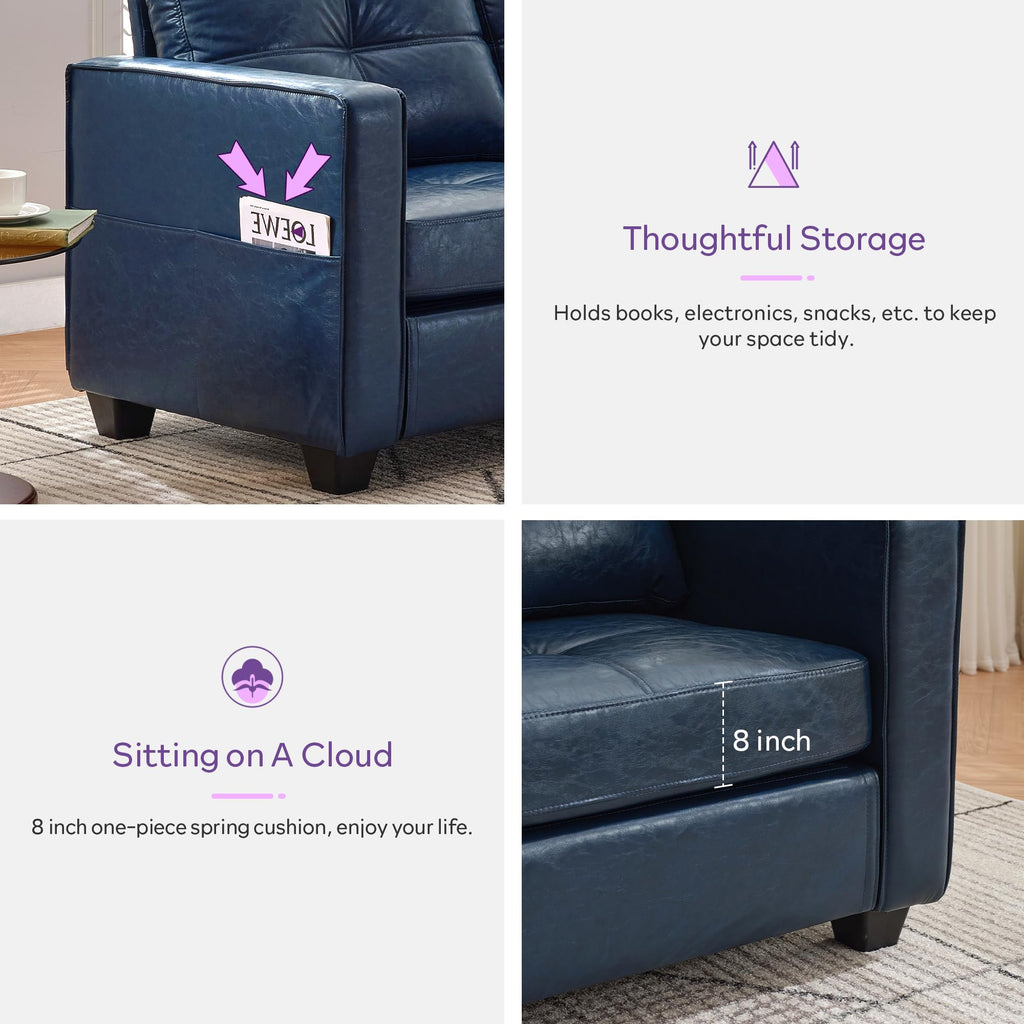 TYBOATLE 88" W Blue Faux Leather L Shaped Sectional Couches w/Side Pockets, Comfy Modular Convertible Sofas w/USB, Office Sofa Set with Chaise for Living Room, Bedroom (Blue, 3L)