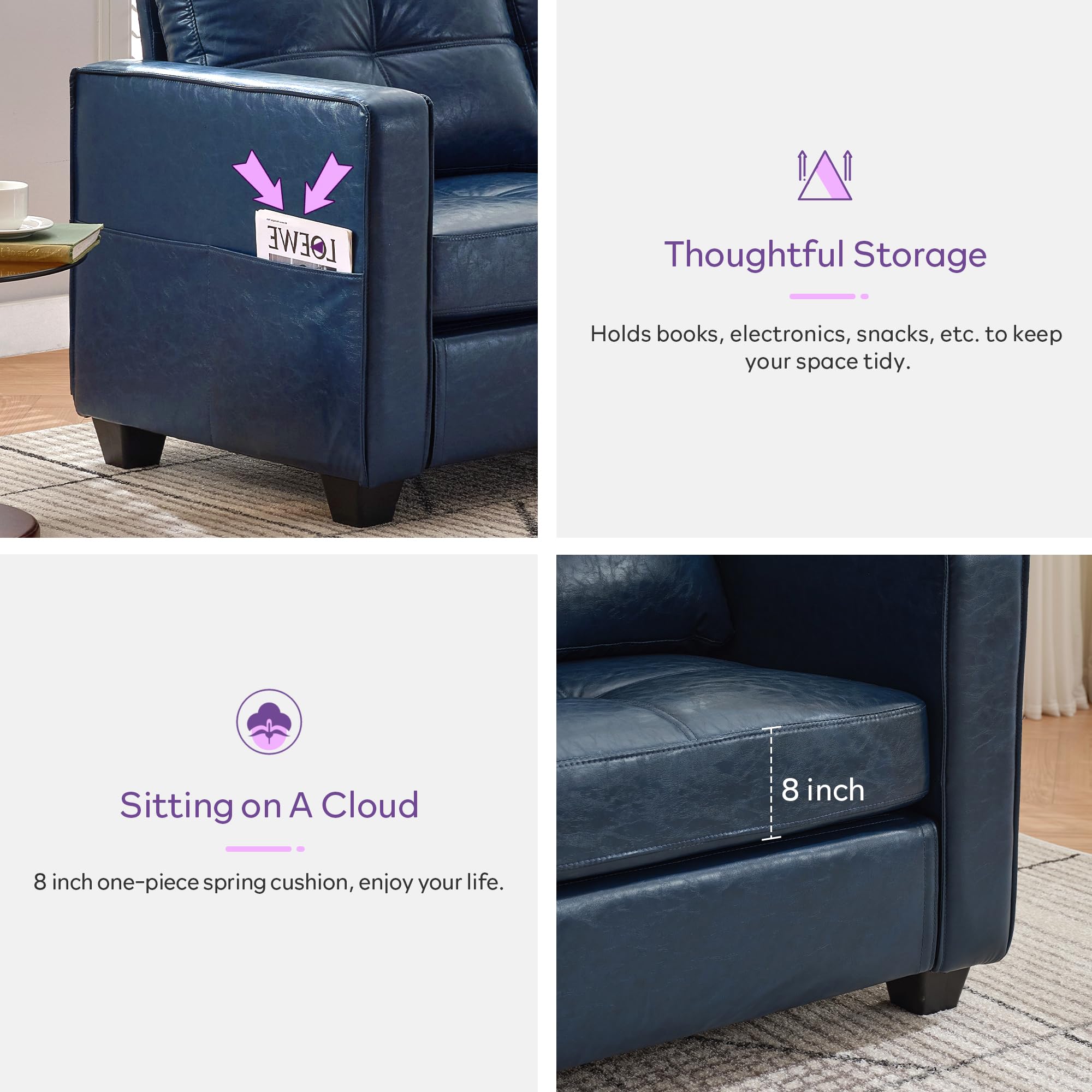 TYBOATLE 88" W Blue Faux Leather L Shaped Sectional Couches w/Side Pockets, Comfy Modular Convertible Sofas w/USB, Office Sofa Set with Chaise for Living Room, Bedroom (Blue, 3L)