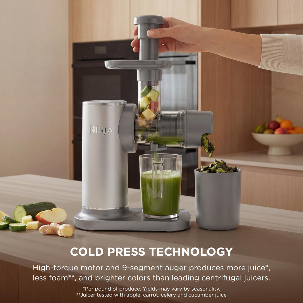 Ninja NeverClog Cold Press Juicer | Powerful Electric Slow Masticating Juicer with Pulp Control | XL Capacity | 24 oz. Juice Jug & 36 oz. Pulp Container | Dishwasher Safe | Navy | 150W | JC151NV