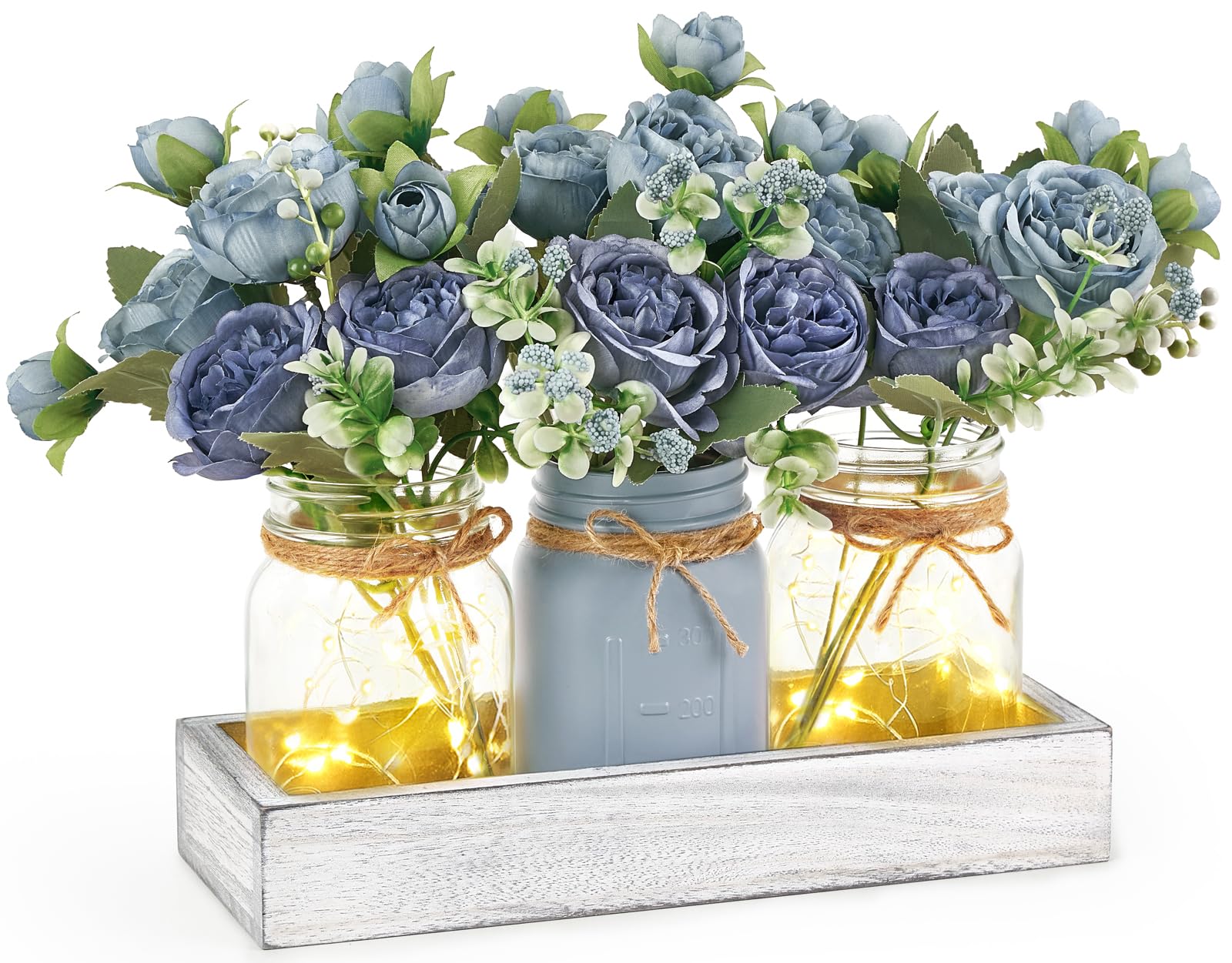 Mkono Mason Jar Lights Centerpiece Table Decor for Dining Room Farmhouse Wood Tray with 3 Jars Flowers Valentines Day Decoration for Coffee Table Kitchen Living Room Wedding