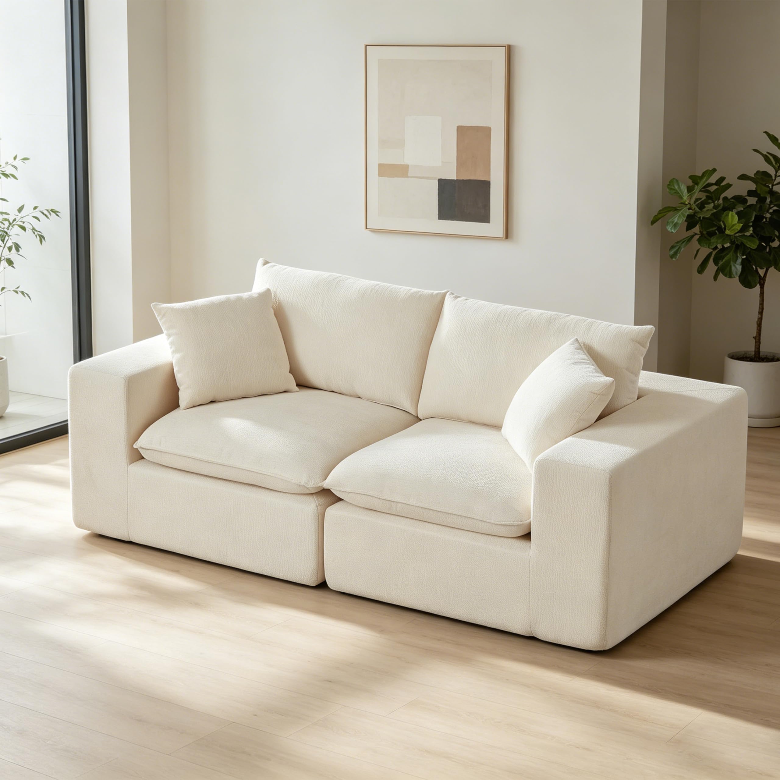 98.4-Inch Oversized Boneless Cloud Couches Deep Seat Foam Sofa Couch with 2 Round Toss Pillows, Luxury Corduroy Upholstered 3 Seat Tufted Loveseat, Cloud Sofa in a Box