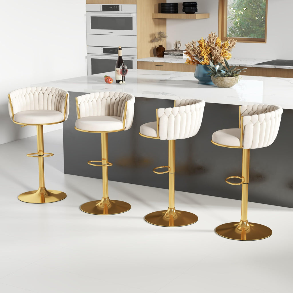 ABET Gold Bar Stool Set of 2, Velvet Swivel Barstools, Height Adjustable Counter Stools with Woven Back, Upholstered Modern Luxury Kitchen Stools with Footrest for Cafe, Pub, Black