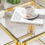 Luxury Gold Square Glass End Table, 19.7" Modern Side Table with Stainless Steel Irregular Leg Clear Tempered Glass Tabletop, Accent Furniture for Living Room, Clear