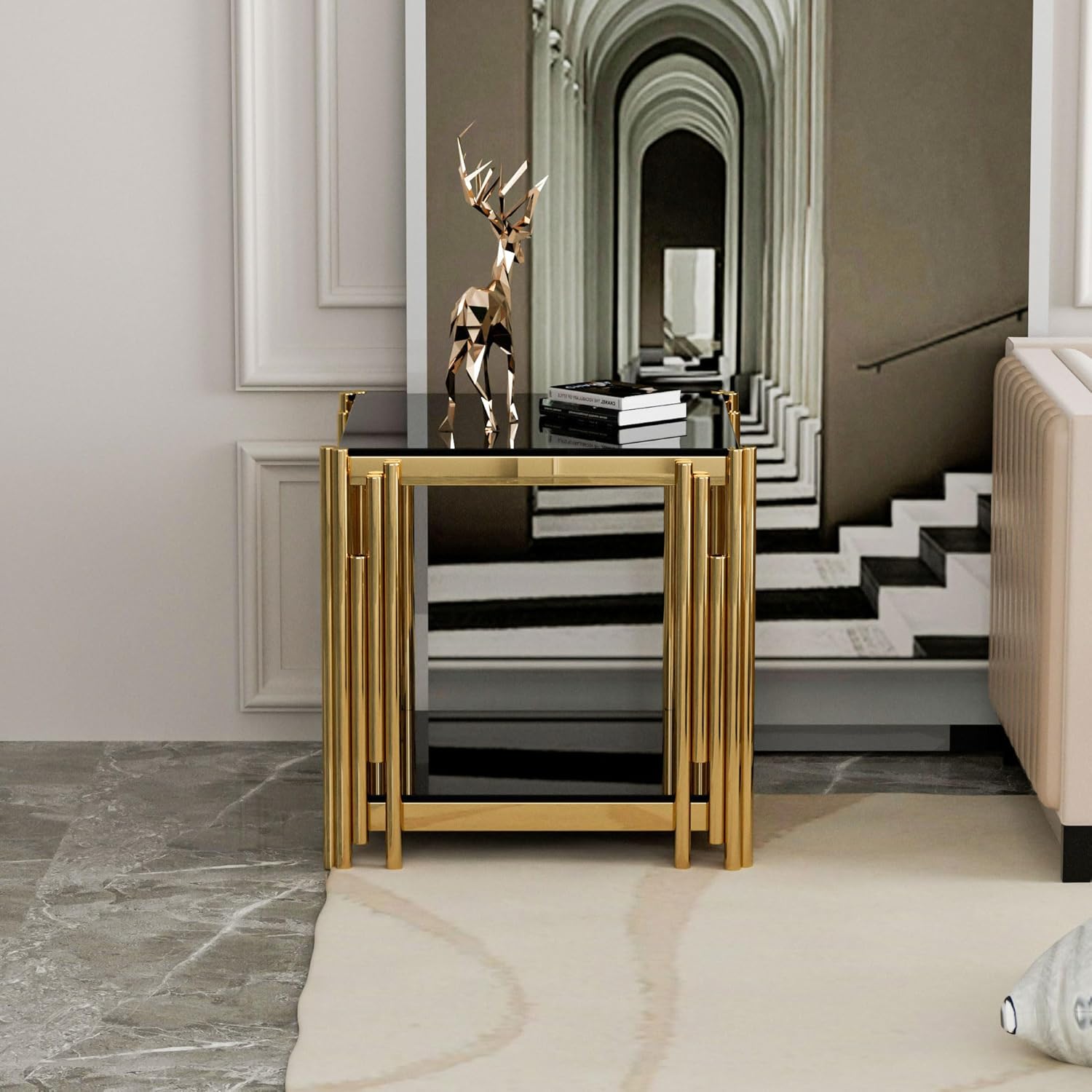 Luxury Gold Square Glass End Table, 19.7" Modern Side Table with Stainless Steel Irregular Leg Clear Tempered Glass Tabletop, Accent Furniture for Living Room, Clear