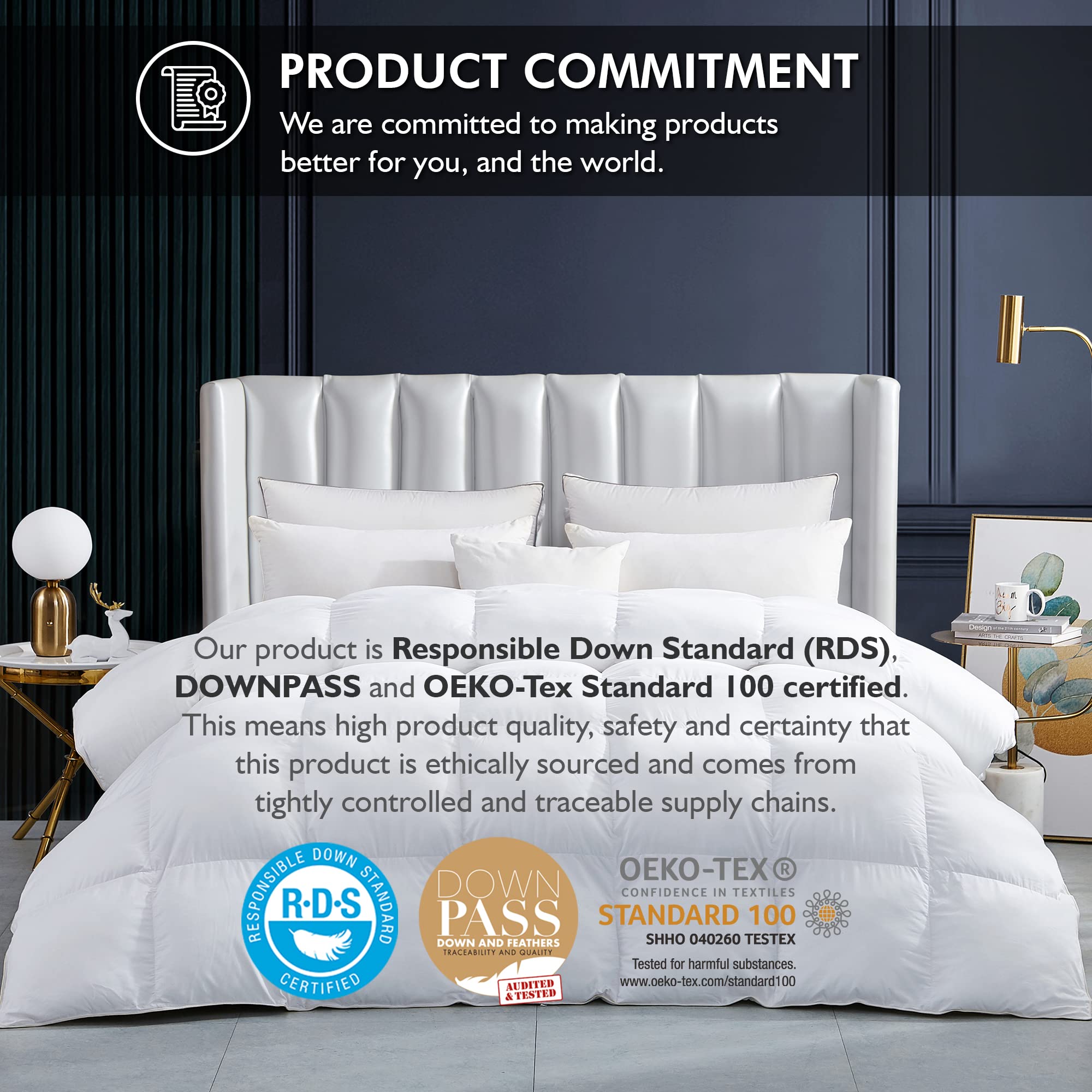 Luxurious White Solid Heavy Weight, Palatial King Size Goose Feathers Down Comforter for Winter Weather, 120 X 98 inches, Premium Baffle Box, 100% Egyptian Cotton Cover, 95 oz. Fill Weight