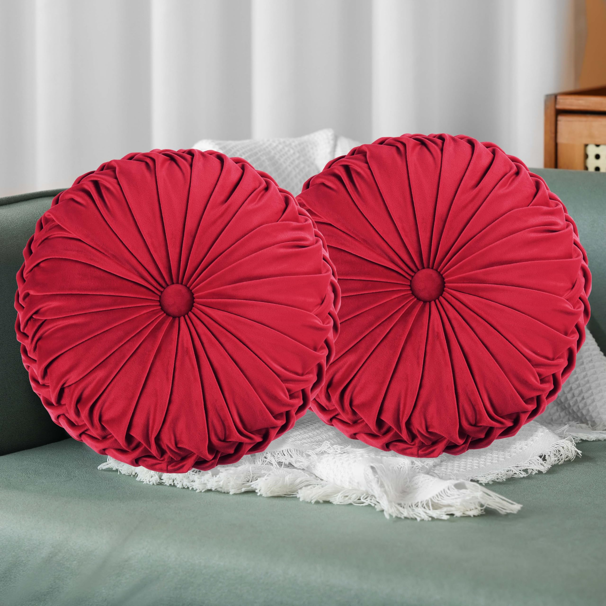 HIG Set of 2 Decorative Round Pleated Throw Pillows,Classy Accent Pumpkin Throw Pillows with Center Button,Vintage Velvet Floor Pillows for Sofa Vanity Chair Bed,Dusty Rose,14.5" Diameter(Ripple)