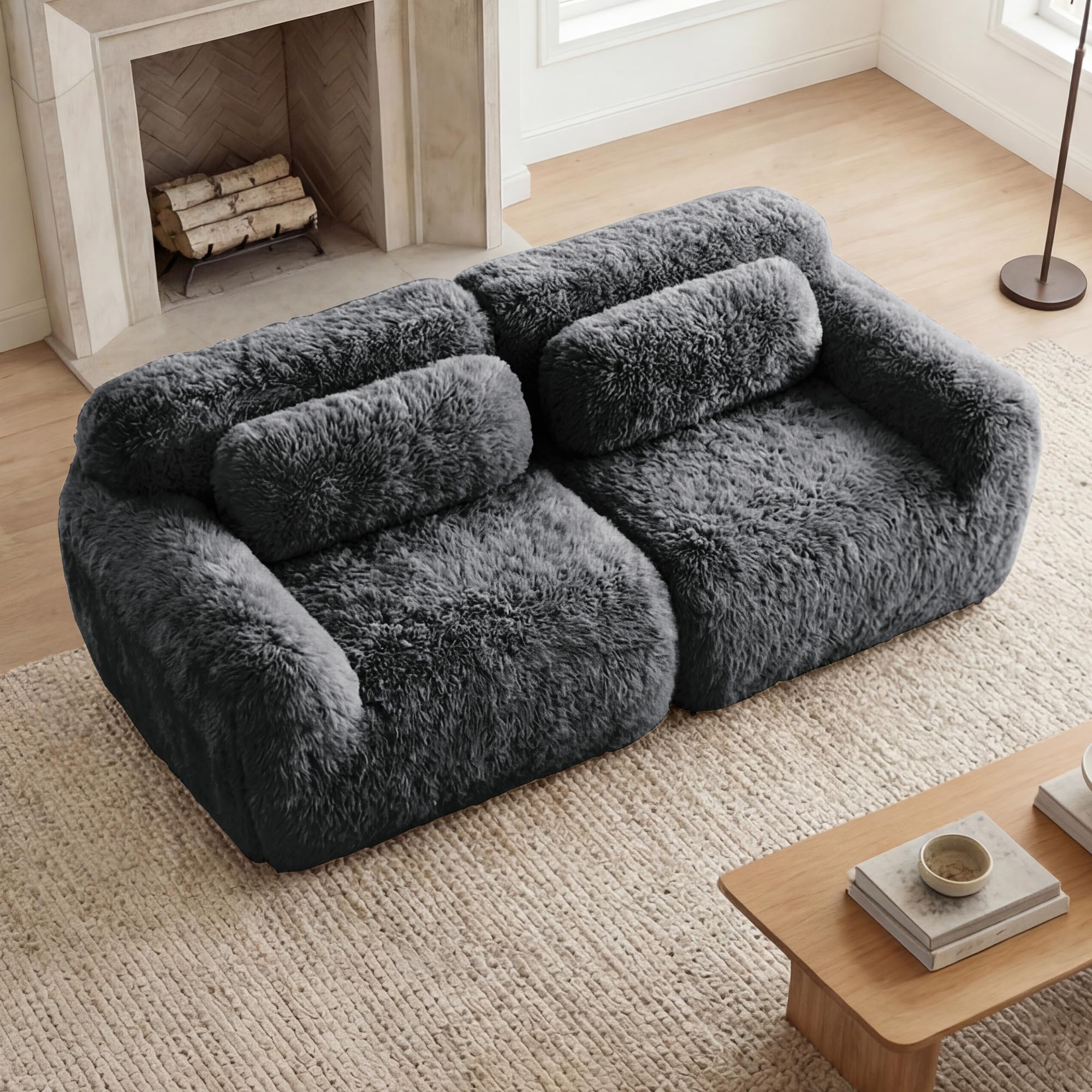 98.4-Inch Oversized Boneless Cloud Couches Deep Seat Foam Sofa Couch with 2 Round Toss Pillows, Luxury Corduroy Upholstered 3 Seat Tufted Loveseat, Cloud Sofa in a Box