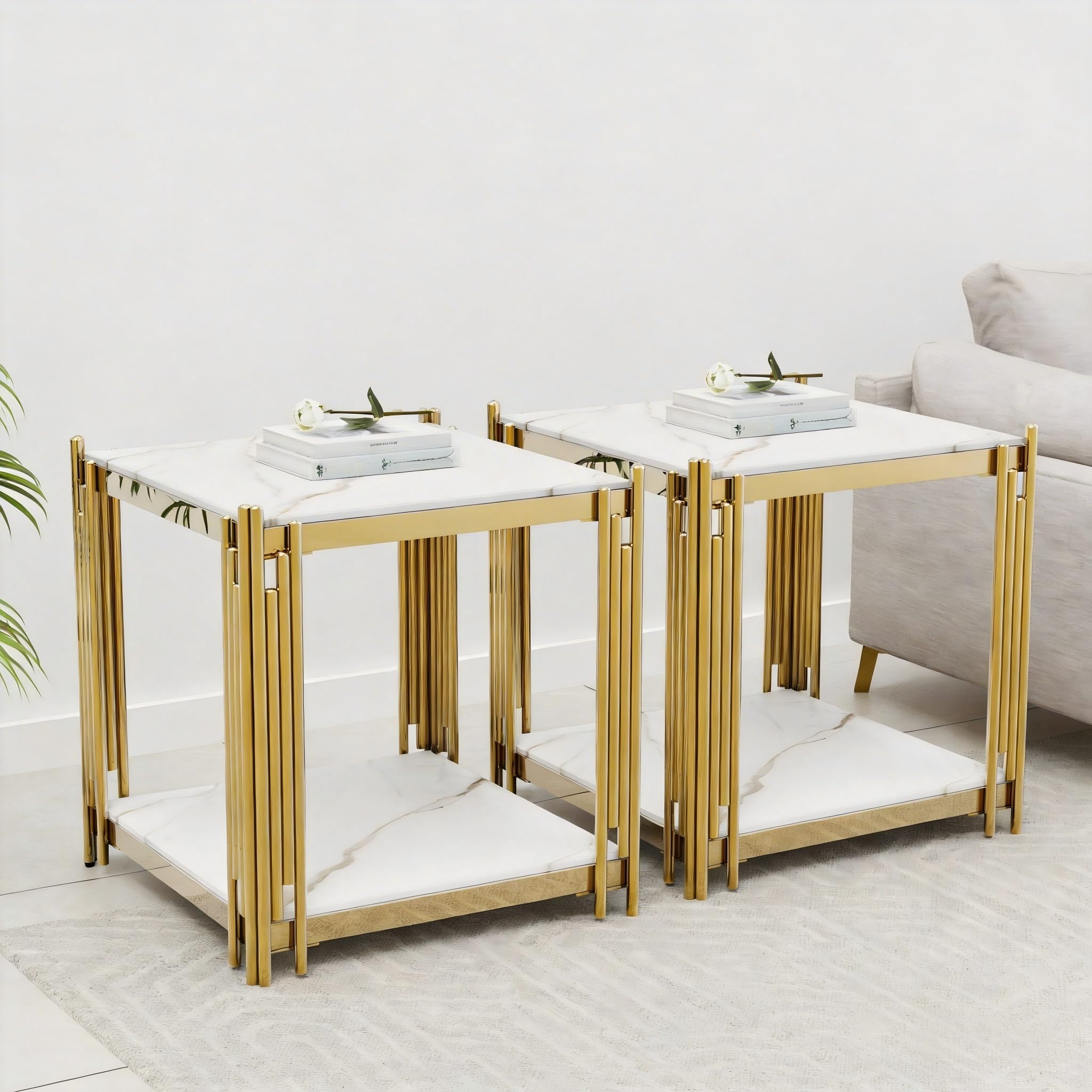 Luxury Gold Square Glass End Table, 19.7" Modern Side Table with Stainless Steel Irregular Leg Clear Tempered Glass Tabletop, Accent Furniture for Living Room, Clear