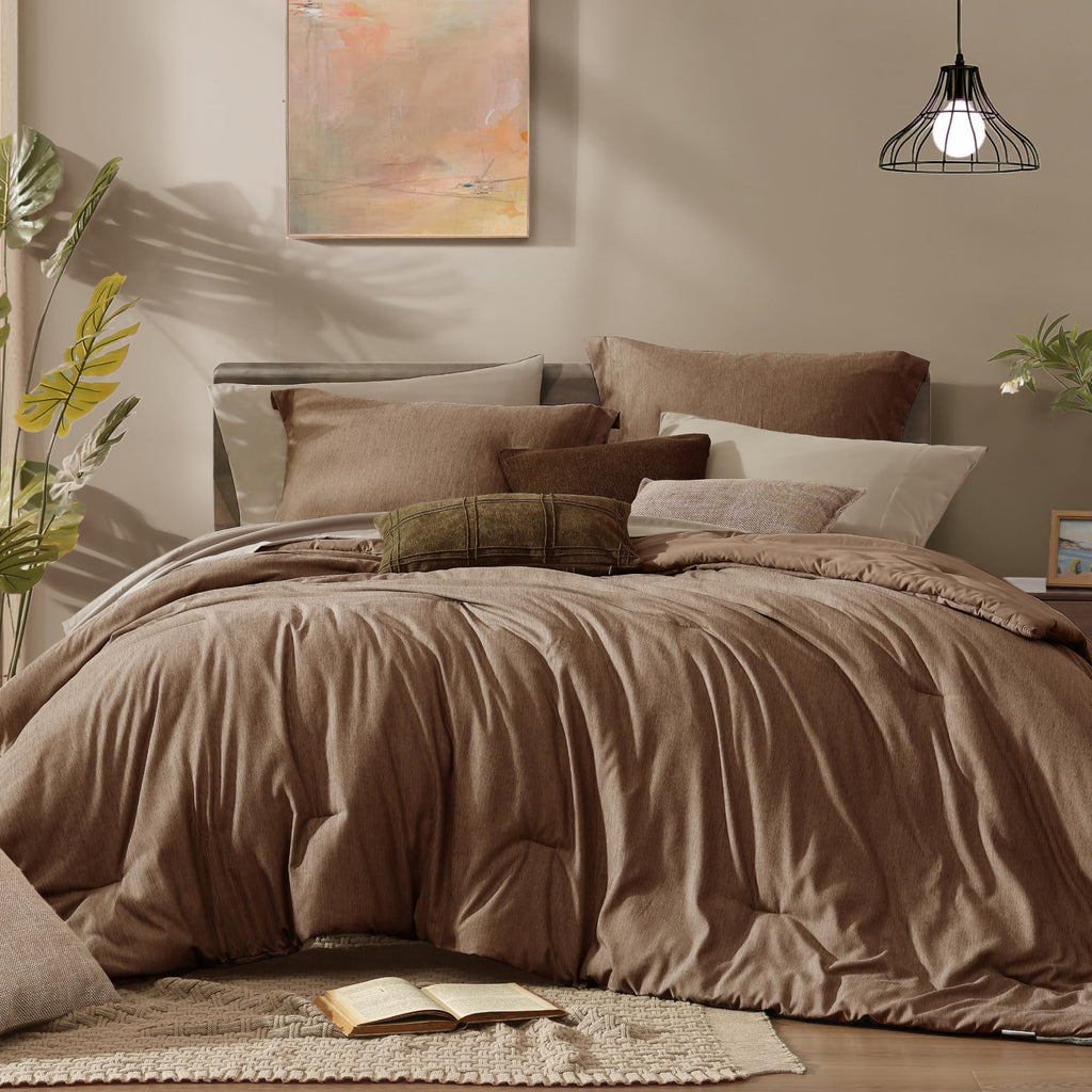 Monbix Queen Comforter Set - 7 Pieces Cationic Dyeing Autumn Leaf Bed in a Bag Queen Bedding Sets with Comforter, Sheets, Pillowcases & Shams, Reversible Bedding Comforters Sets