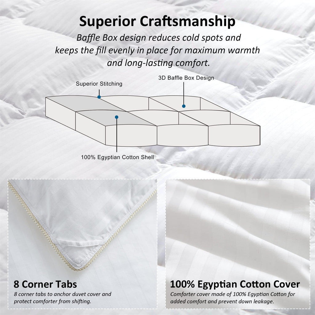 Luxurious White Solid Heavy Weight, Palatial King Size Goose Feathers Down Comforter for Winter Weather, 120 X 98 inches, Premium Baffle Box, 100% Egyptian Cotton Cover, 95 oz. Fill Weight
