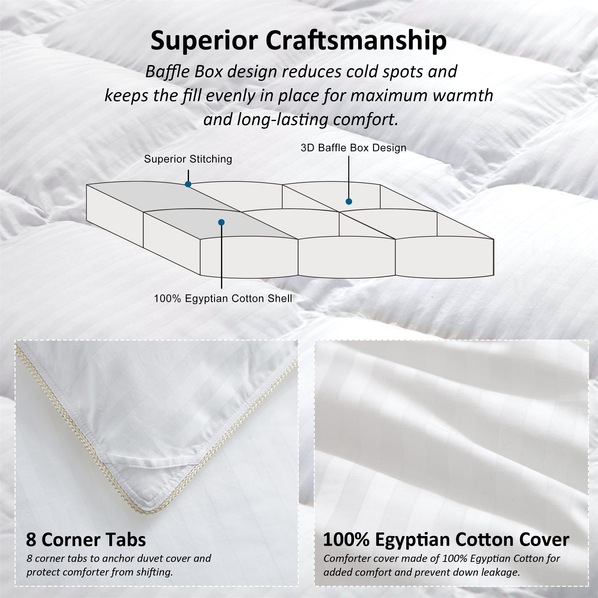 Luxurious White Solid Heavy Weight, Palatial King Size Goose Feathers Down Comforter for Winter Weather, 120 X 98 inches, Premium Baffle Box, 100% Egyptian Cotton Cover, 95 oz. Fill Weight