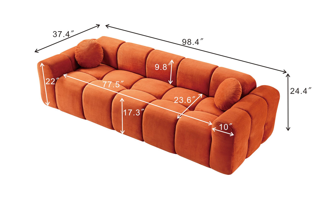 98.4-Inch Oversized Boneless Cloud Couches Deep Seat Foam Sofa Couch with 2 Round Toss Pillows, Luxury Corduroy Upholstered 3 Seat Tufted Loveseat, Cloud Sofa in a Box