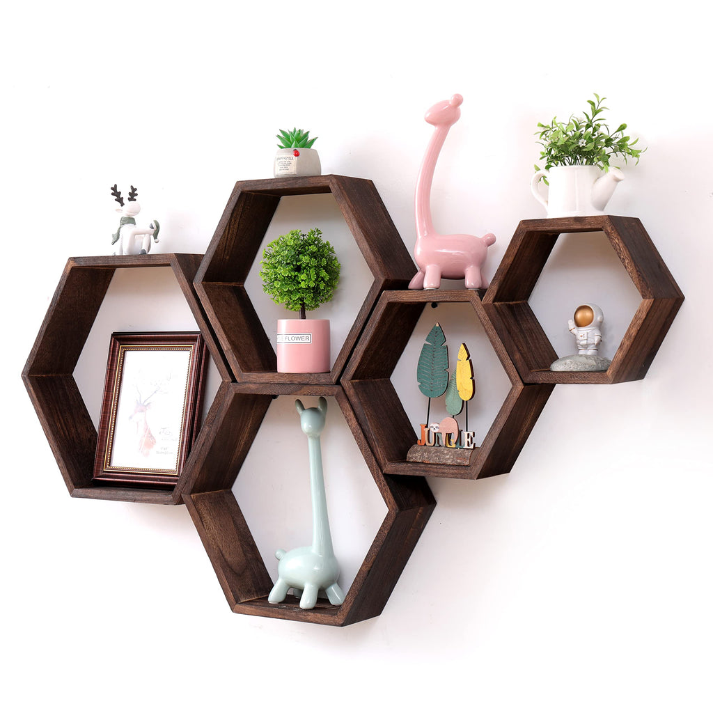 WONFUlity Hexagon Floating Shelves Honeycomb Shelves Wall Mounted Wood Farmhouse Storage Wall Shelf for Bathroom, Kitchen, Bedroom, Living Room,Driftwood Finish Decor,Dark Brwon