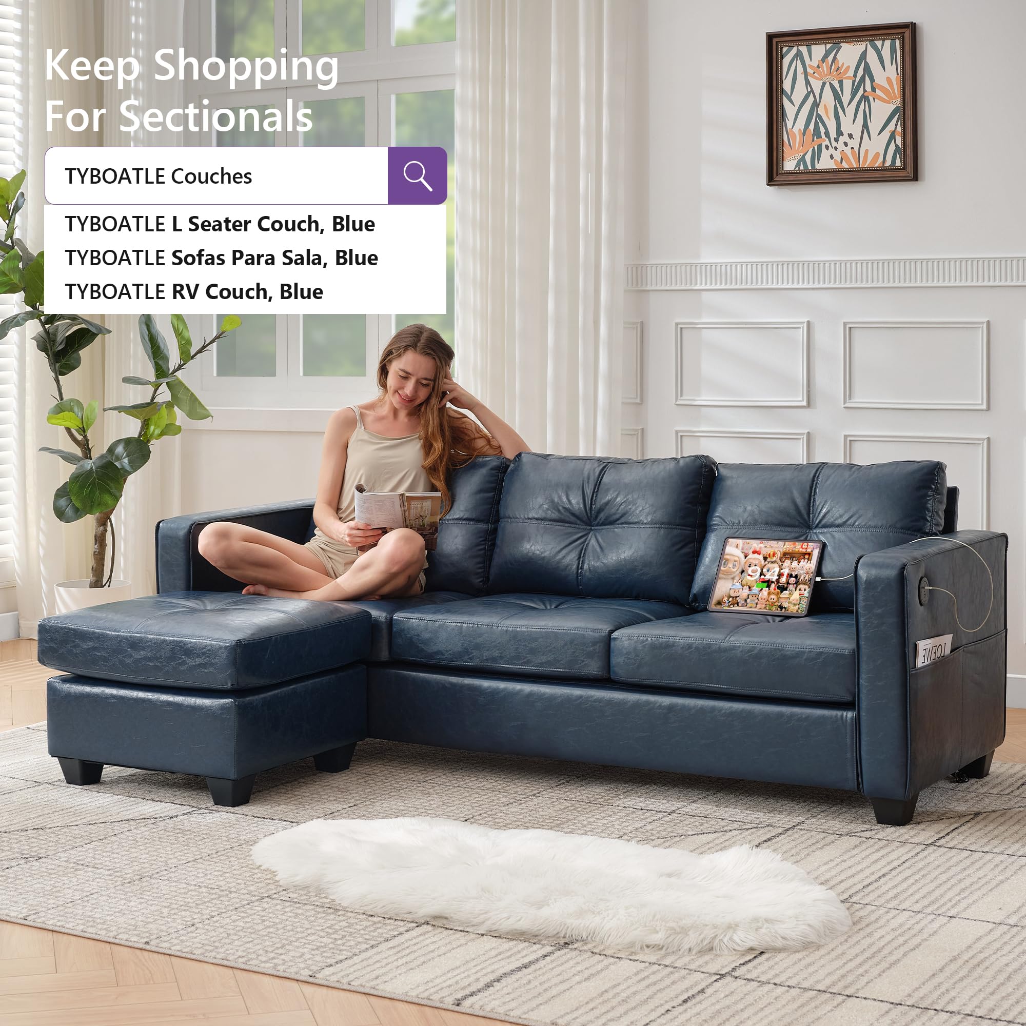 TYBOATLE 88" W Blue Faux Leather L Shaped Sectional Couches w/Side Pockets, Comfy Modular Convertible Sofas w/USB, Office Sofa Set with Chaise for Living Room, Bedroom (Blue, 3L)
