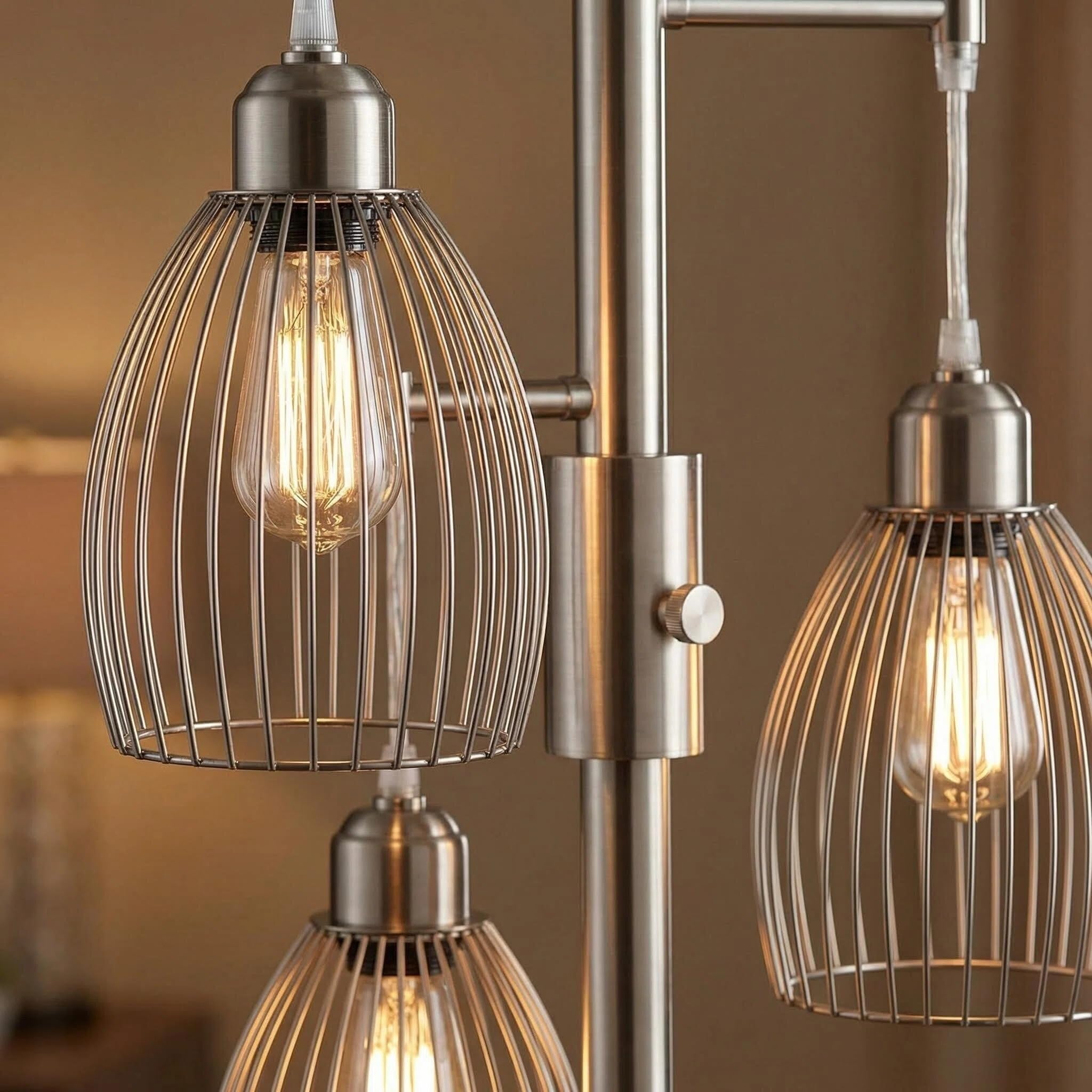 Dimmable Floor Lamp, Industrial Floor Lamps for Living Room, Gold Tree Lamp Standing Lamp Tall Lamps with 3 Elegant Teardrop Cage Head & 800 Lumens LED Bulbs for Living room Bedroom Office Dining Room