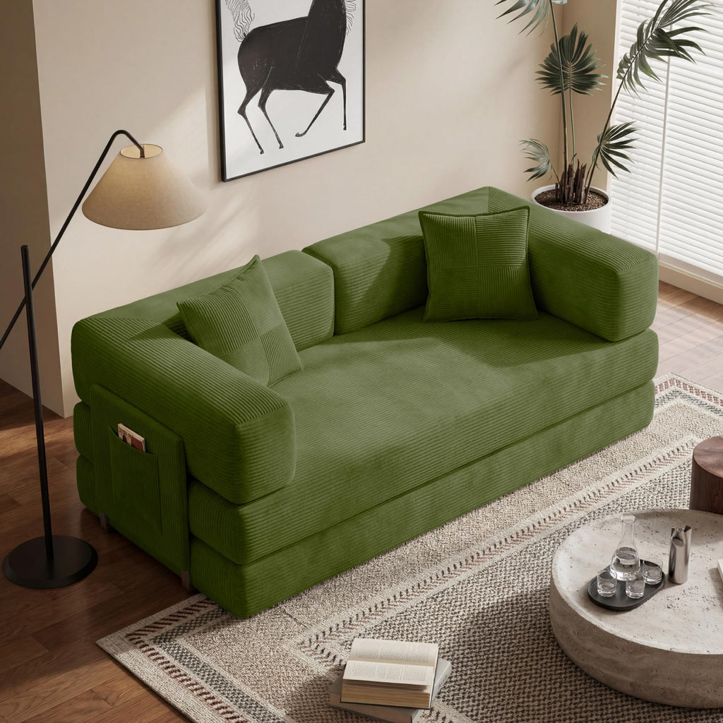 78.8" Convertible Futon Sofa Bed,Corduroy Futon Couch with Storage Pocket,Folding Pull Out Sofa,No Assembly Boneless Couch for Living Room | Pink