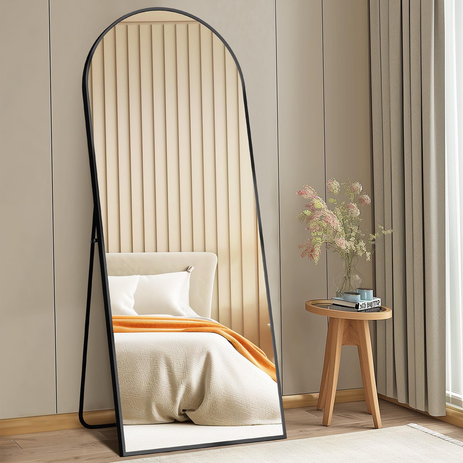 DUMOS Arched Full Length Mirror with Stand 64"x21" Floor Standing Aluminum Frame for Bedroom Body Hanging Leaning Modern Simple Home Decor Shatter-proorf Nano Glass Wall Living Room Cloakroom Black
