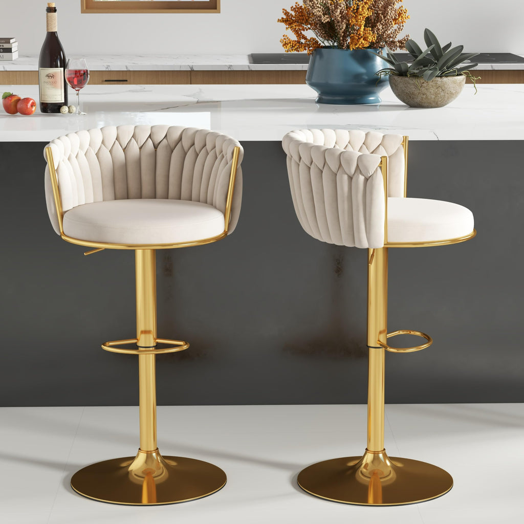 ABET Gold Bar Stool Set of 2, Velvet Swivel Barstools, Height Adjustable Counter Stools with Woven Back, Upholstered Modern Luxury Kitchen Stools with Footrest for Cafe, Pub, Black