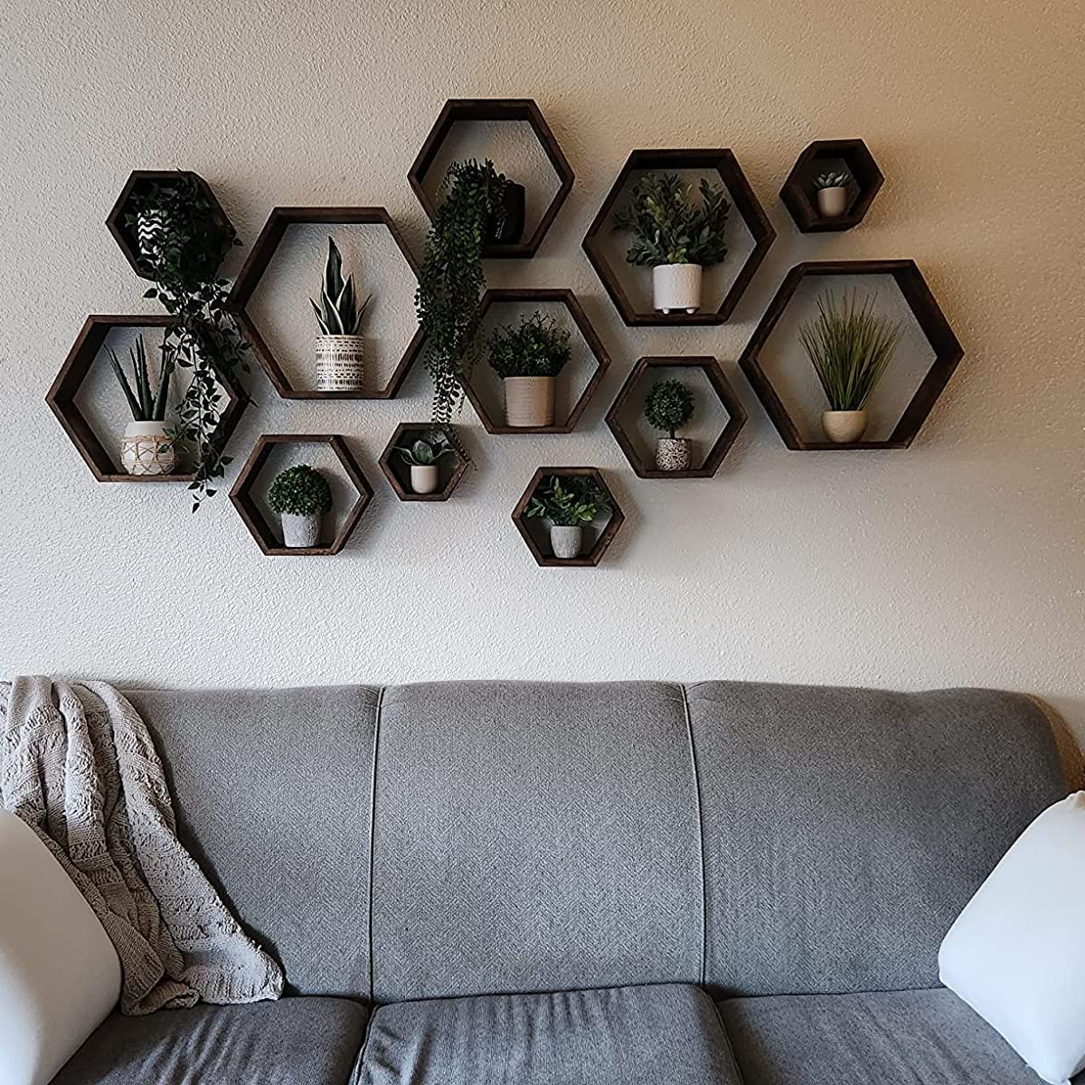 WONFUlity Hexagon Floating Shelves Honeycomb Shelves Wall Mounted Wood Farmhouse Storage Wall Shelf for Bathroom, Kitchen, Bedroom, Living Room,Driftwood Finish Decor,Dark Brwon