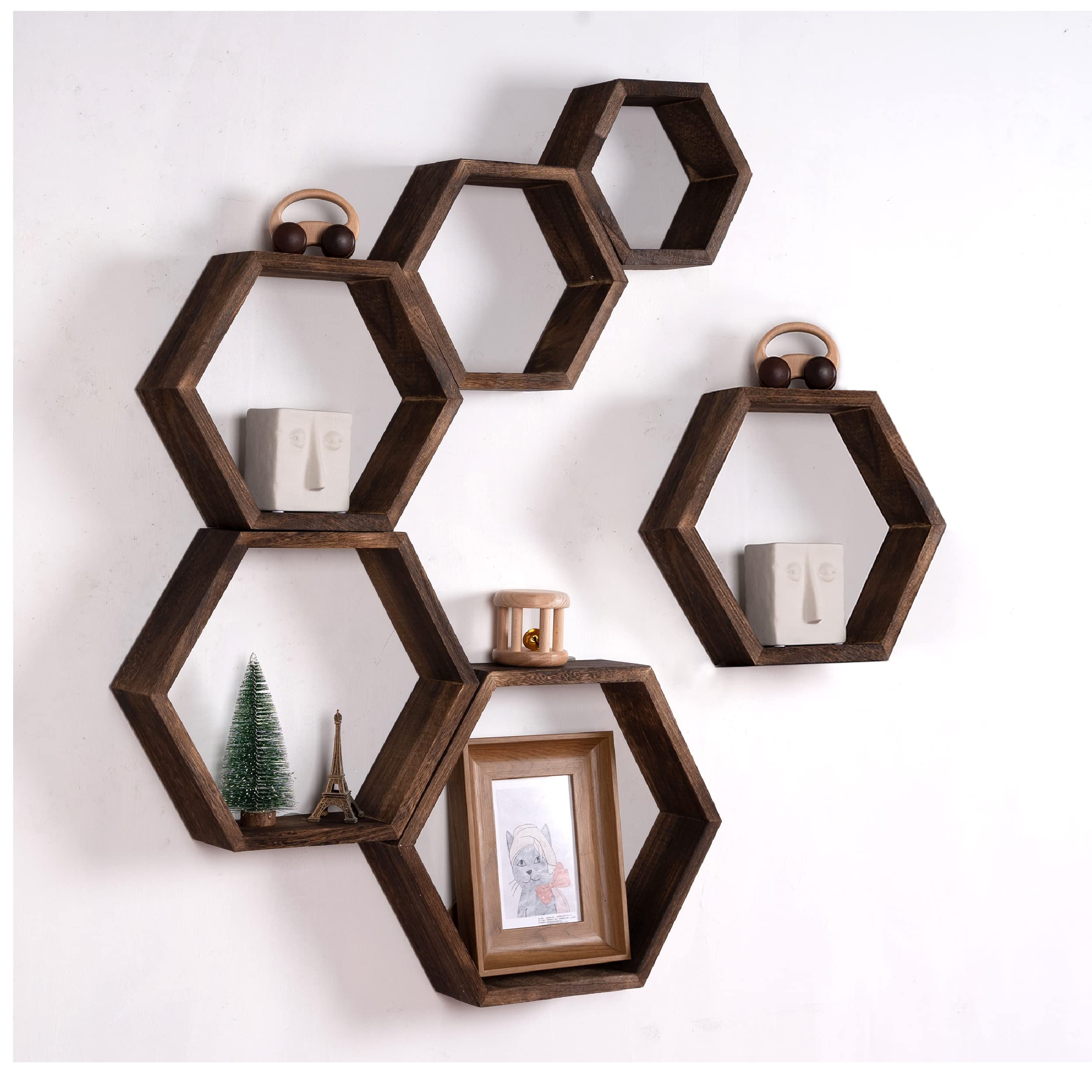 WONFUlity Hexagon Floating Shelves Honeycomb Shelves Wall Mounted Wood Farmhouse Storage Wall Shelf for Bathroom, Kitchen, Bedroom, Living Room,Driftwood Finish Decor,Dark Brwon