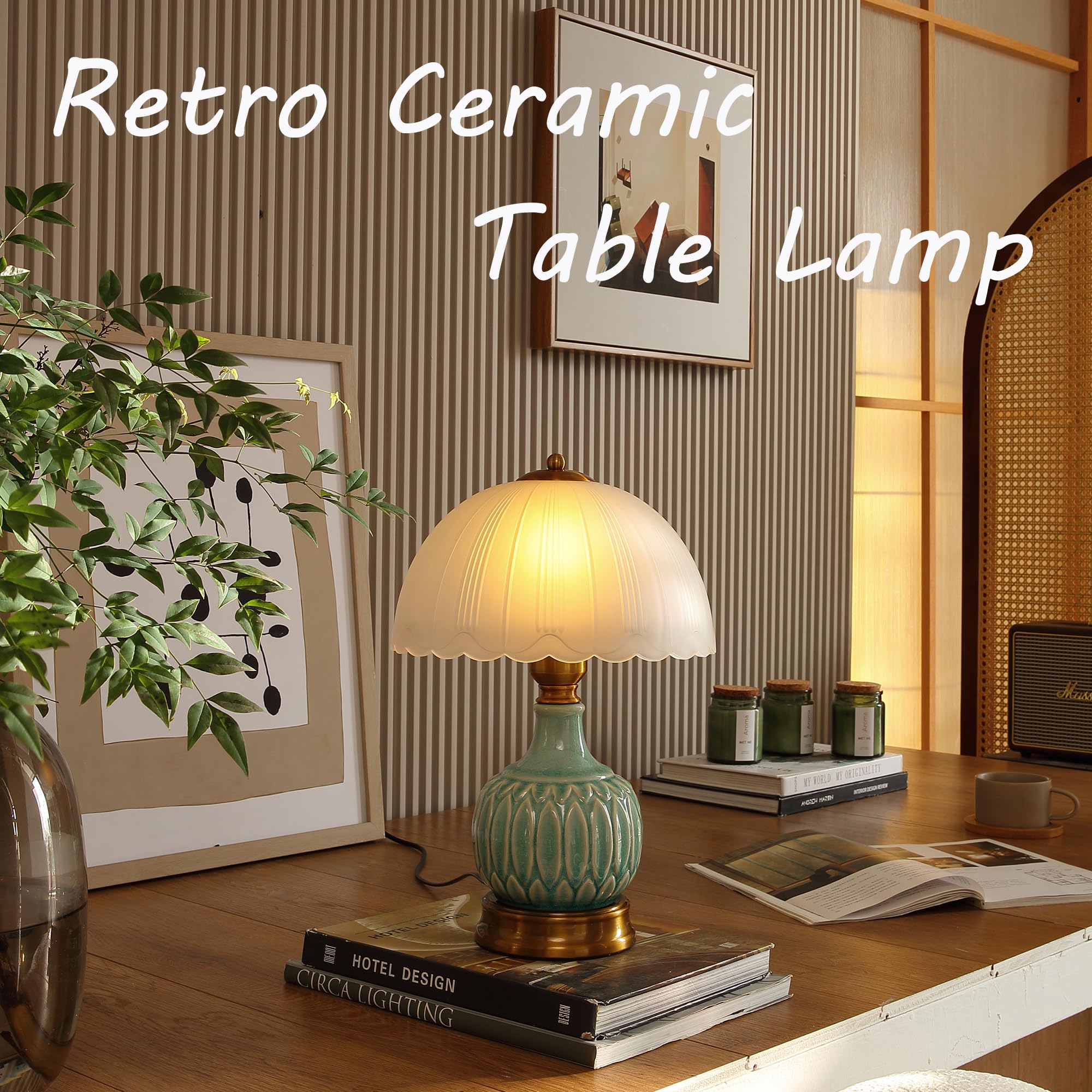 Glivpny Vintage Lamp for Living Room,16" Modern Ceramic Table Lamps for Bedroom,Retro Bedside Nightstand Traditional Lamps, Classic Chinoiserie Green Lamp for Home Decor (LD001)