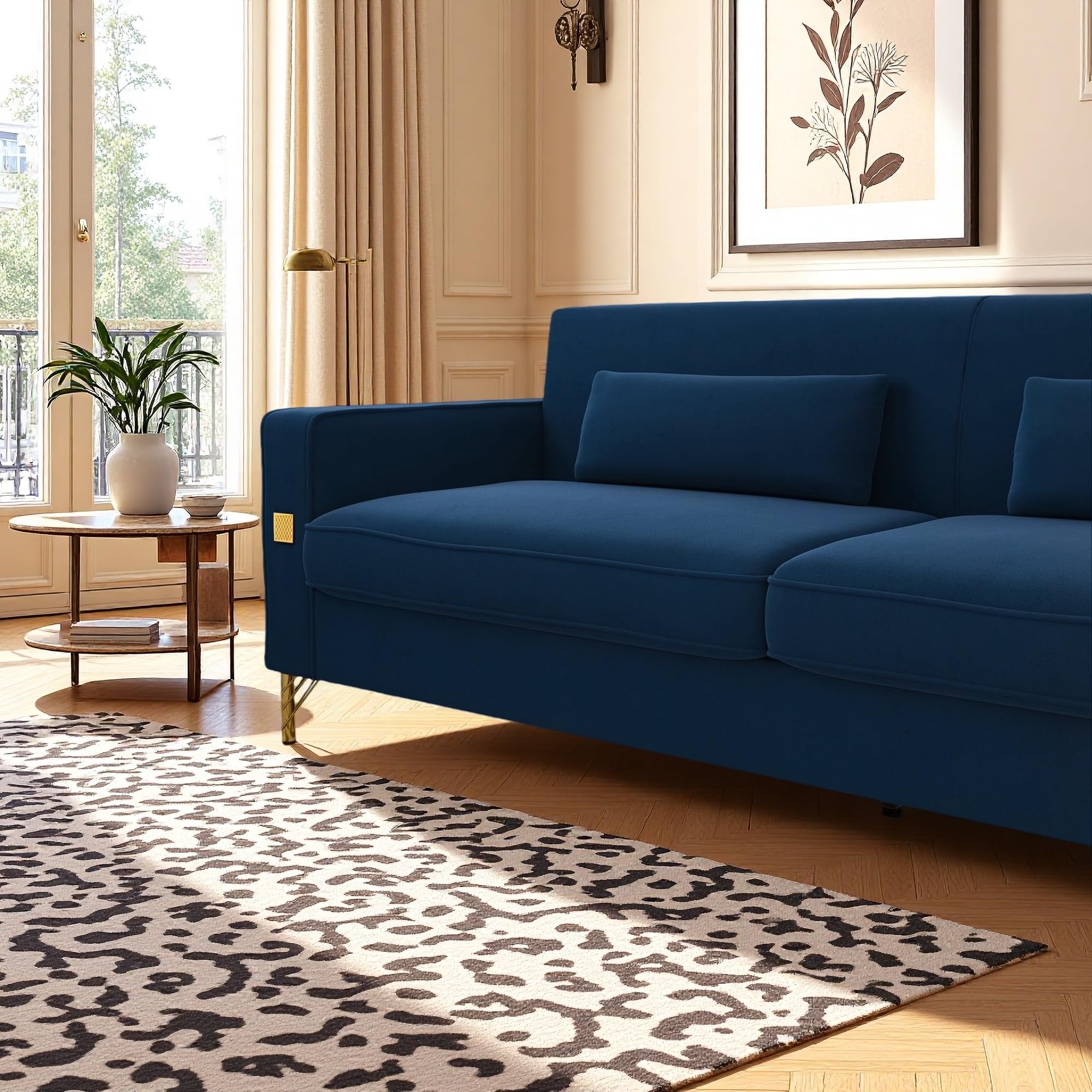 KEIKI 86" Oversized Luxury Velvet Sofa with Armrest and Removable Plush Cushions, Modern Style Gold Accents 3-Seater Couch with Solid Legs, Easy Assembly, for Living Room, Apartment, Green