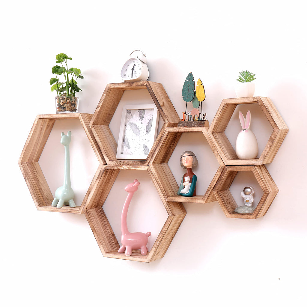 WONFUlity Hexagon Floating Shelves Honeycomb Shelves Wall Mounted Wood Farmhouse Storage Wall Shelf for Bathroom, Kitchen, Bedroom, Living Room,Driftwood Finish Decor,Dark Brwon