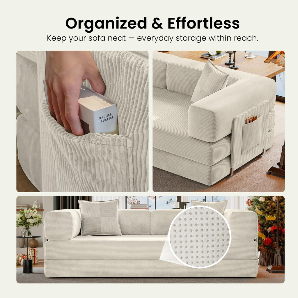 78.8" Convertible Futon Sofa Bed,Corduroy Futon Couch with Storage Pocket,Folding Pull Out Sofa,No Assembly Boneless Couch for Living Room | Pink