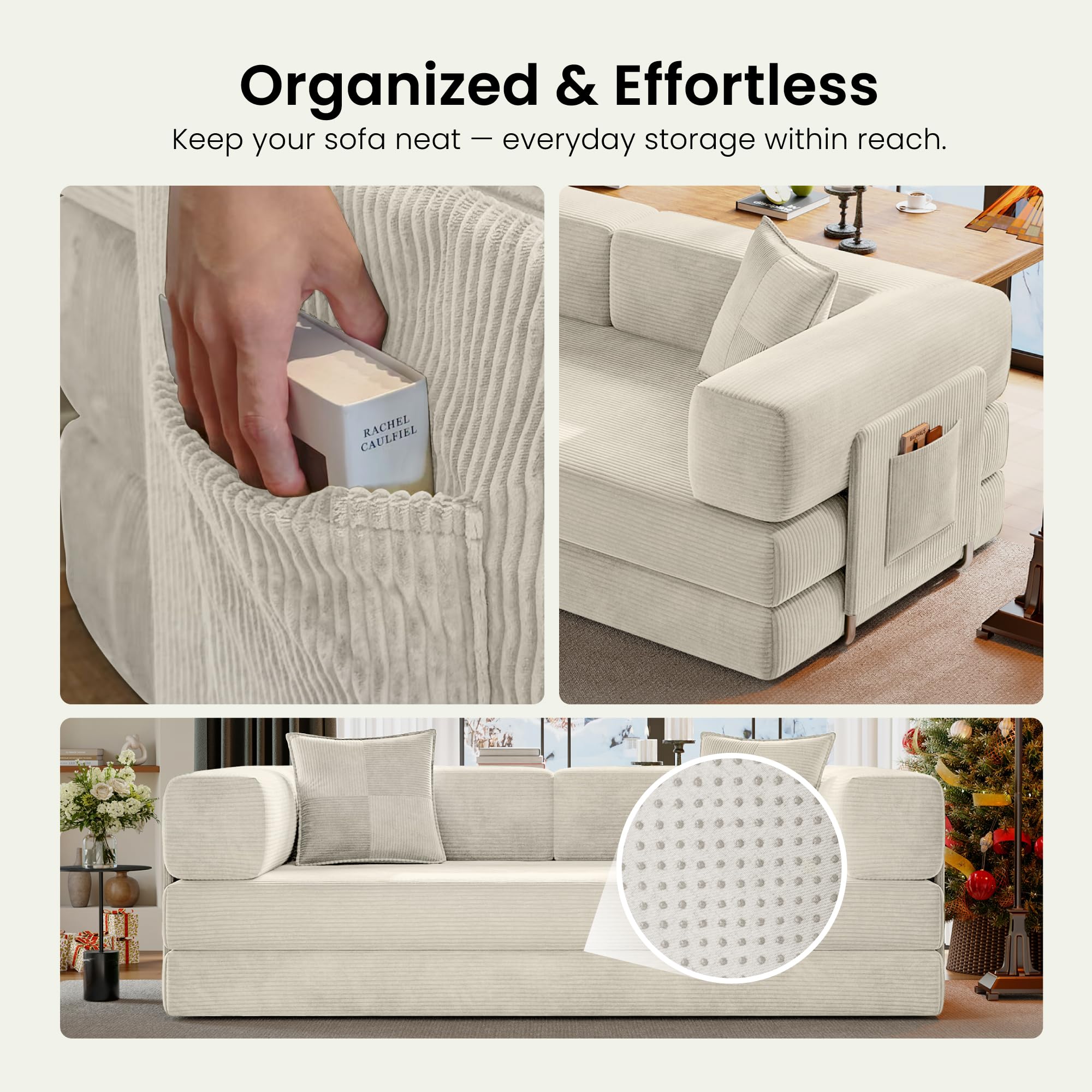 78.8" Convertible Futon Sofa Bed,Corduroy Futon Couch with Storage Pocket,Folding Pull Out Sofa,No Assembly Boneless Couch for Living Room | Pink