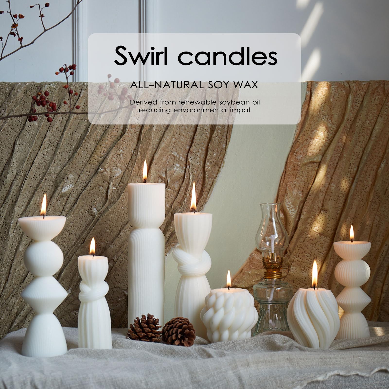 7 Pcs Large Ribbed Pillar Candles - Handmade Soy Wax Candles for Home Decor, Modern Shelf Decor, Housewarming Gift, Aesthetic Room Decor (White)