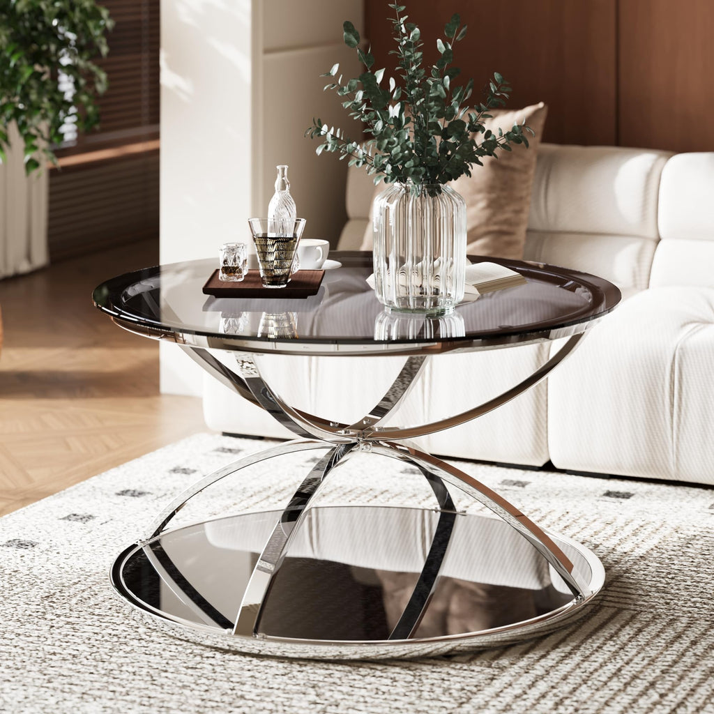 32" Tempered Glass Round Coffee Table Modern Gold Frame Ring Base Single-Layer Circle Living Room Center Tables