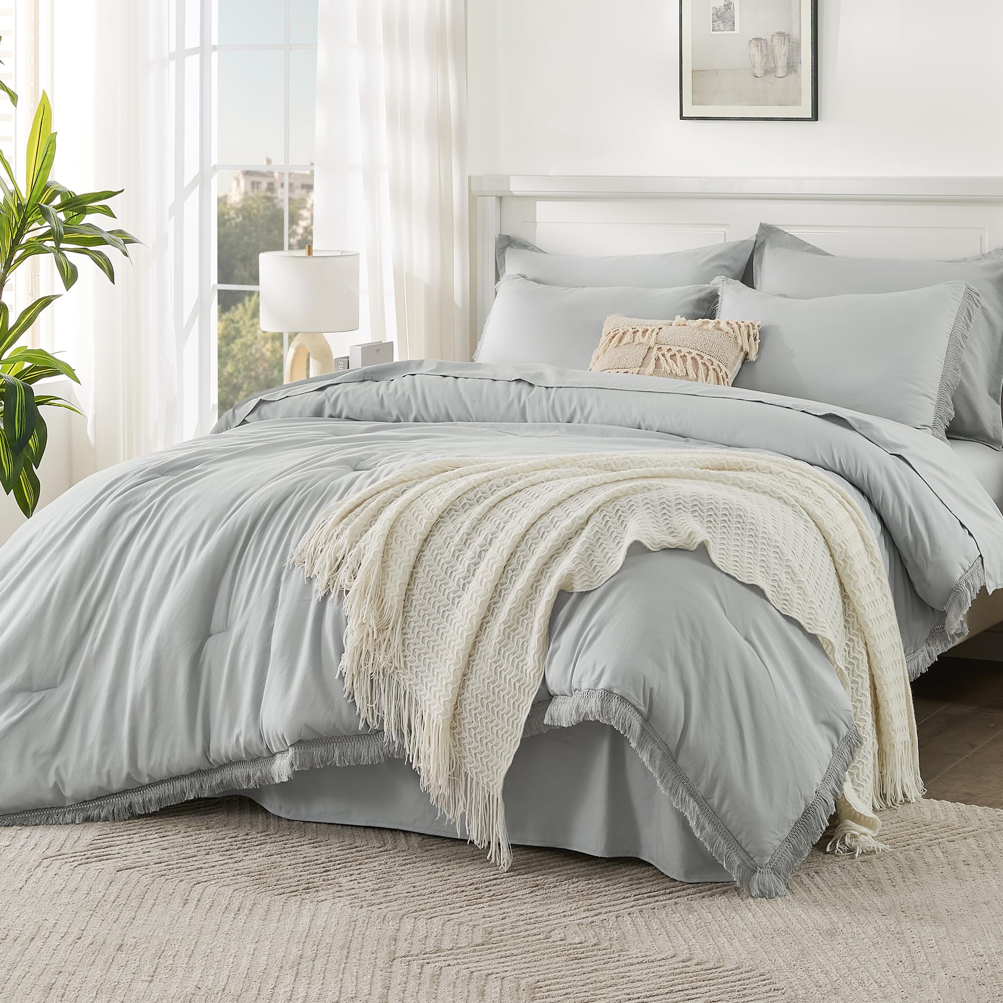Andency King Size Comforter Set with Sheets Light Pink - 7 Pieces Bed in a Bag Boho Soft Lightweight Bedding Sets, Tassel Bed Set with Comforter, Sheets, Pillowcases & Shams