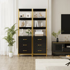 HITHOS Black Gold 4-Tier Bookshelf, Tall Bookcase with 3 Wooden Drawers, Modern Ladder Book Shlef Storage Organizer for Living Room, Entryway, Office
