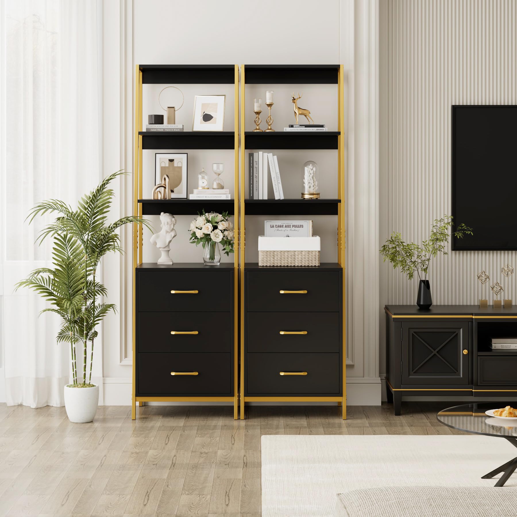HITHOS Black Gold 4-Tier Bookshelf, Tall Bookcase with 3 Wooden Drawers, Modern Ladder Book Shlef Storage Organizer for Living Room, Entryway, Office