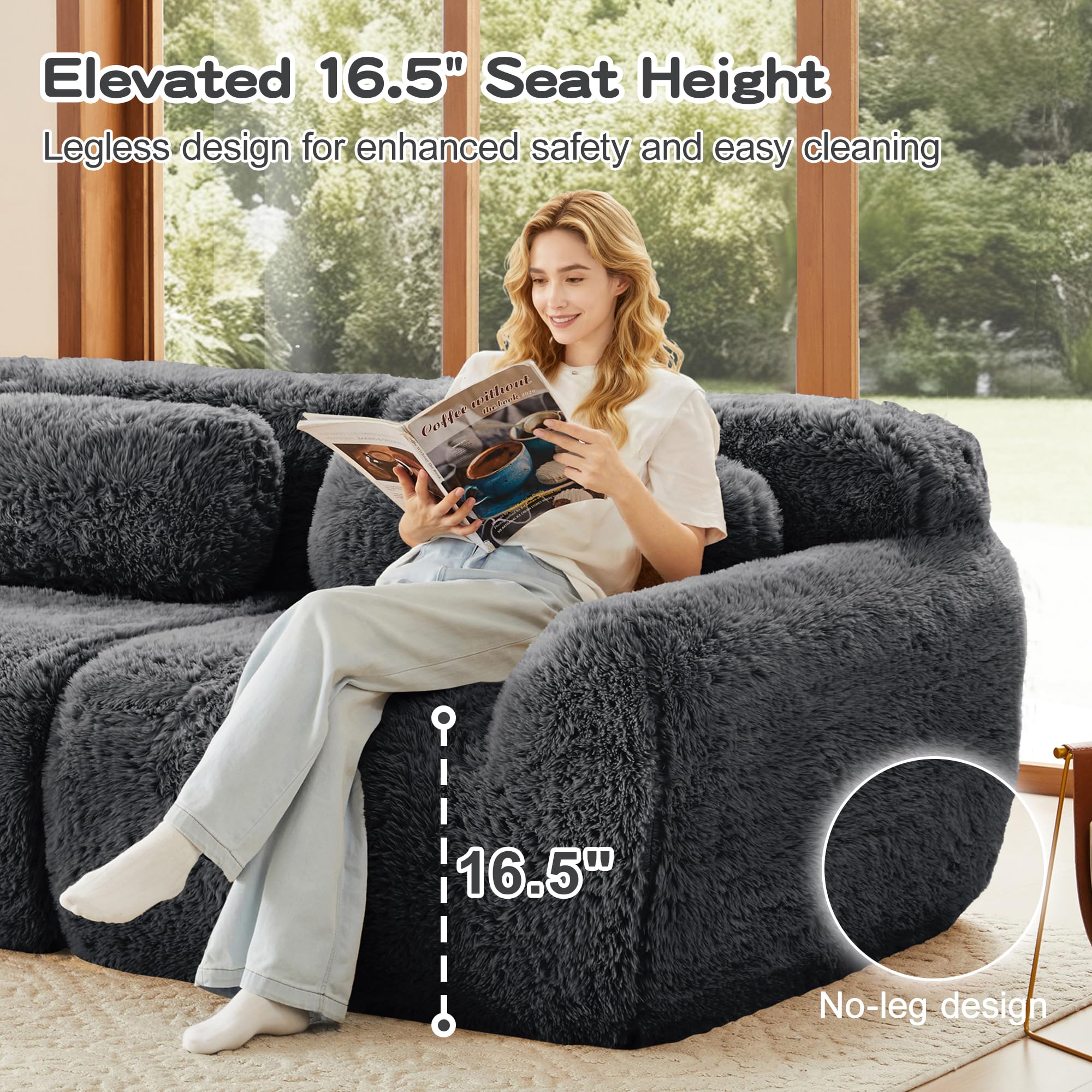 98.4-Inch Oversized Boneless Cloud Couches Deep Seat Foam Sofa Couch with 2 Round Toss Pillows, Luxury Corduroy Upholstered 3 Seat Tufted Loveseat, Cloud Sofa in a Box