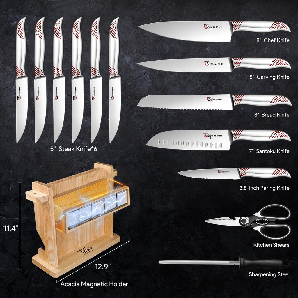 SYOKAMI Japanese Knives Set for Kitchen, Magnetic Knife Set with Block and Sharpener, Stainless Steel Knife Set as Gift for Couple, Wedding, Women or Mom with Gift Box, 14 PCS Black Dot