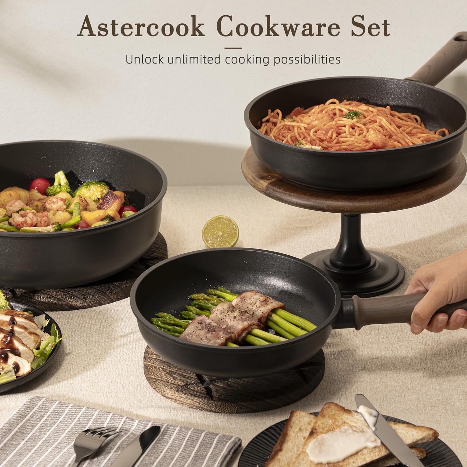 Astercook 19 Pcs Pots and Pans Set Non Stick, Black Titanium Induction Kitchen Cookware Sets, Non toxic Healthy Kitchen Cooking Set with Frying Pans Set, PFAS PTFE PFOA PFOS Free, Mothers Day Gifts