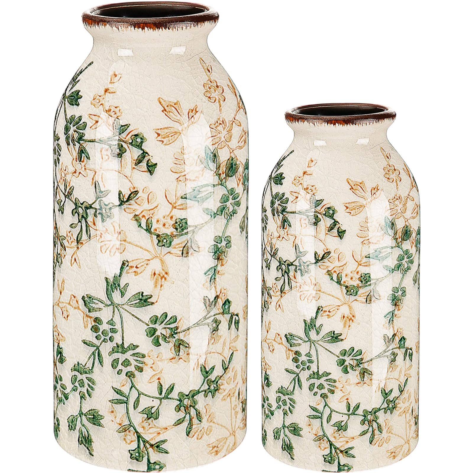 2 Pcs Vintage Ceramic Flower Vase Chinoiserie Antique Floral Vase Rustic Boho Farmhouse Decor for Home Table Bookshelf Aesthetic Centerpiece Gift(Vintage Green)