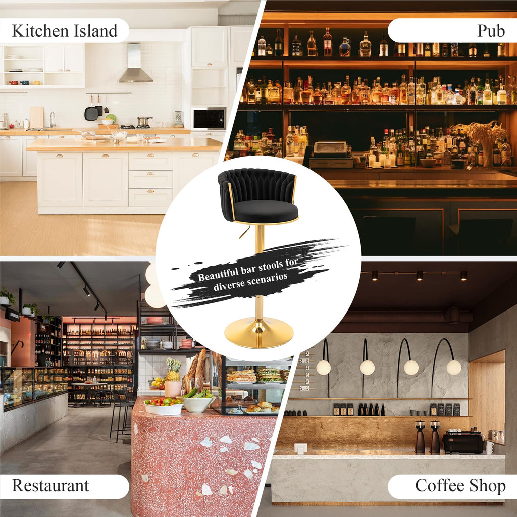 ABET Gold Bar Stool Set of 2, Velvet Swivel Barstools, Height Adjustable Counter Stools with Woven Back, Upholstered Modern Luxury Kitchen Stools with Footrest for Cafe, Pub, Black