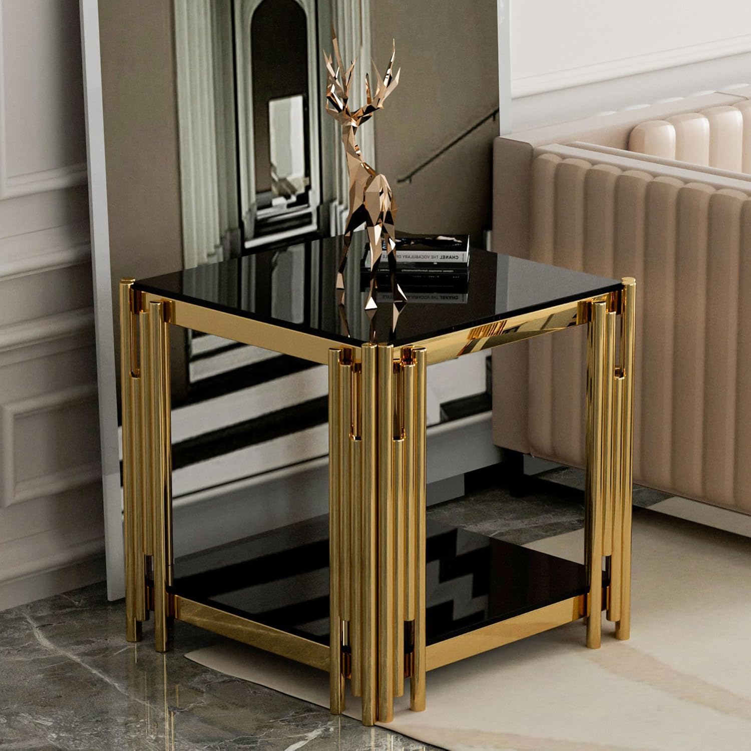 Luxury Gold Square Glass End Table, 19.7" Modern Side Table with Stainless Steel Irregular Leg Clear Tempered Glass Tabletop, Accent Furniture for Living Room, Clear