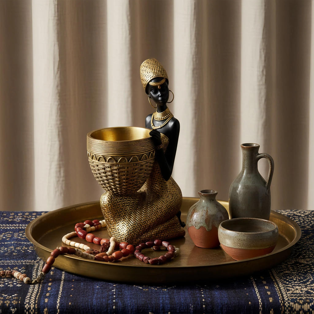 Lescafita African Woman Sculpture with Gold Leaf Bowl, Handmade Resin Figurine, Exotic Tribal Art Statue for Living Room, Dining Table, or Entryway Decoration