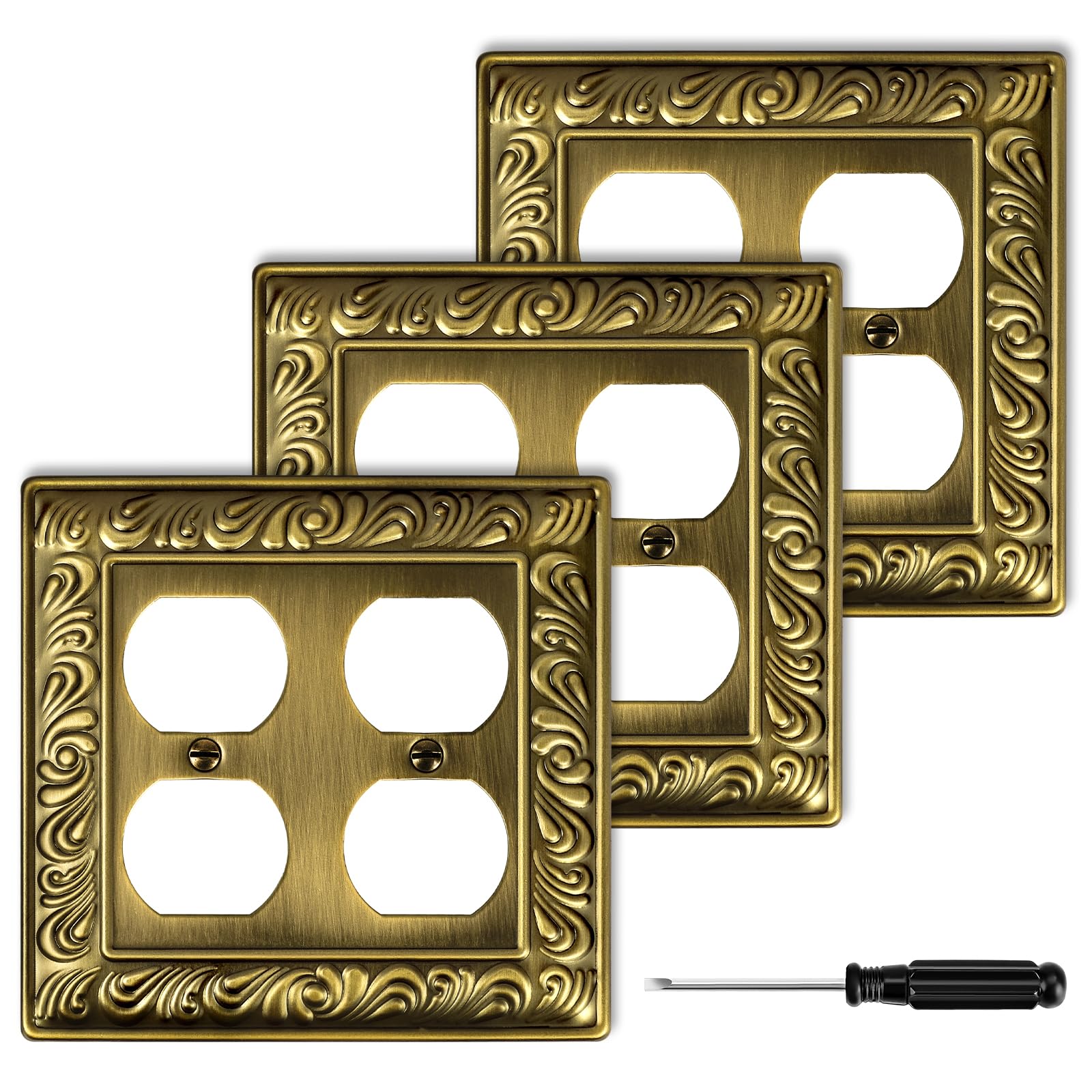Antique Brass Duplex Outlet Cover Paisley Pattern Decorative Wall Plates for Electrical Outlet, Metal Switch Plates and Receptacle Cover for Kitchen Bathroom (1 Gang Duplex Outlet-6 Pack)